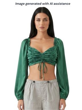 Urban Outfitters XS satin Green Ruched crop Puff Sleeve Blouse
